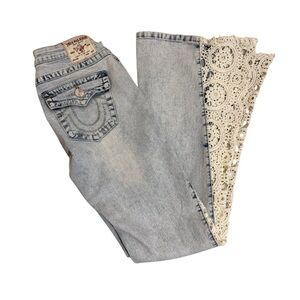 True Religion Light Blue Flare Jeans with crochet